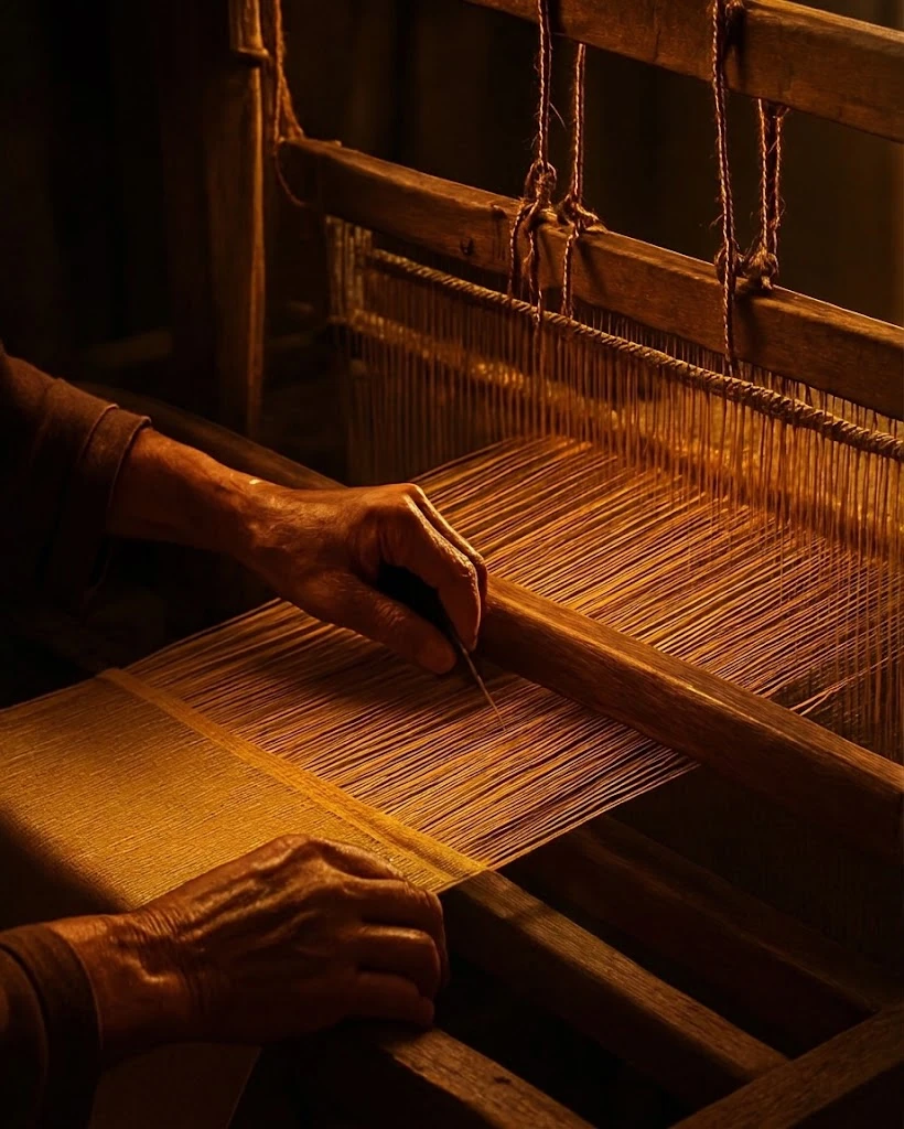 Silk threads stretched across a handloom