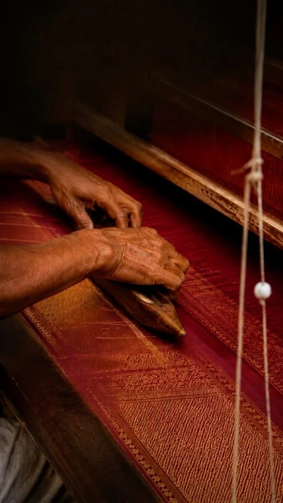 A weaver's hands working a red and gold silk on the loom